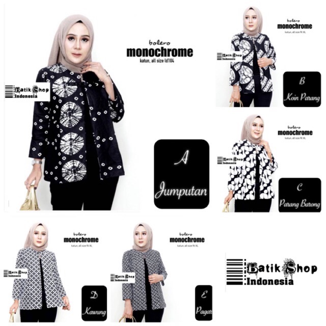 Batik Wanita Bolero Monochrome Katun Modern Hitam Putih 