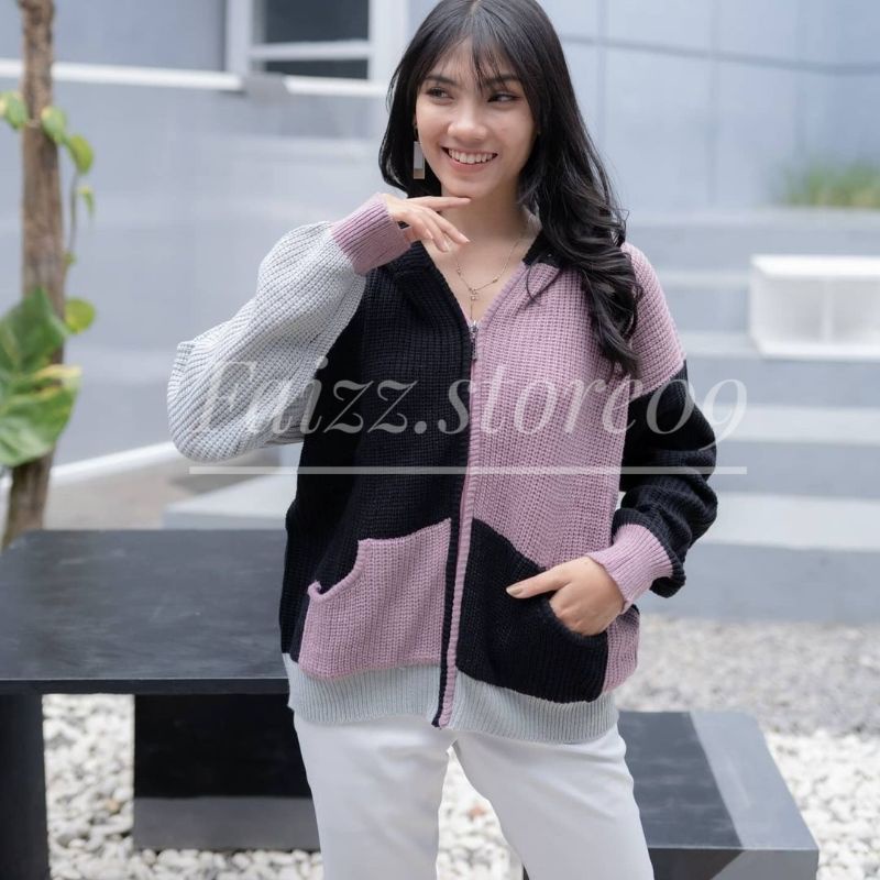 Hoodie TWO-TONE Jaket Rajut OVERSIZE Zipper/Sweater Rajut wanita Hoodie STORE09