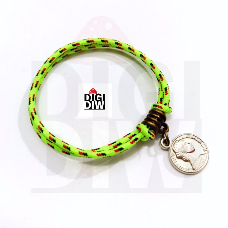 Gelang Tali Prusik Bandul Koin Etnik Microcord Hiking Paracord Murah Couple - Hijau Stabilo