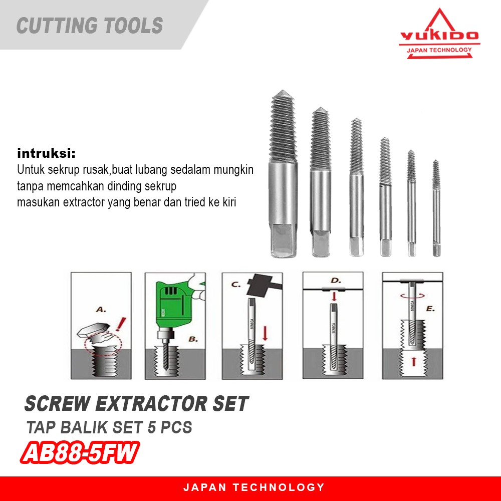 Yukido Screw Extractor Set 5pc Tap Balik alat tap bolak balik baut tap mur tap mata bor tap