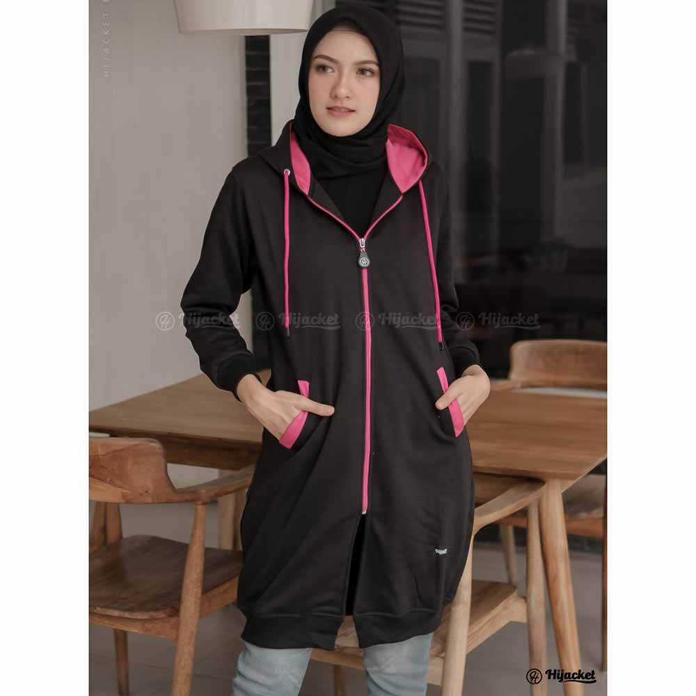 Jaket Hijacket Panjang Wanita Cewek Long Jacket Cwe Hoodie Polos Hijaber Cewe Muslimah Basic Terbaru-Hitam + Pink