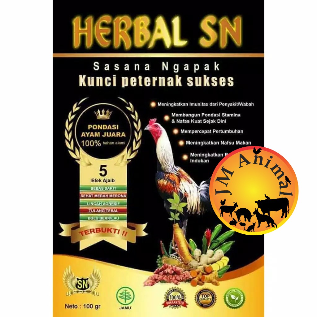 

Herbal SN 100 GR JAMU HERBAL TERNAK AYAM SASANA NGAPAK DRAGON SN BIMA POWER