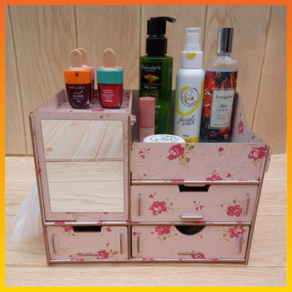 Rak Kosmetik Mini Cosmetic Storage Mini Kotak Penyimpanan Makeup Rak Mini Bahan Kayu Lengkap Dengan Cermin