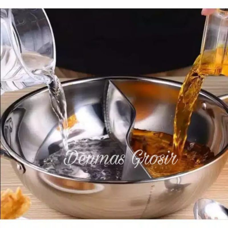 ( MURAH ) Panci Shabu 2 sekat / Panci stainless Tutup Kaca 28cm / Panci 2 sisi