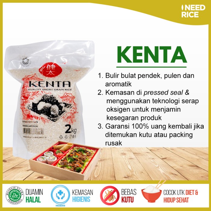 

978Eq10W Beras Jepang Kenta 2Kg- Halal-Lengket Cocok Untuk Sushi WQ12