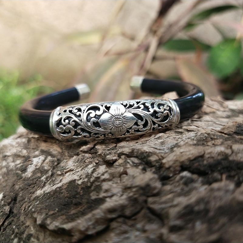 Gelang Bracelet Perak Silver Bali Kulit Leather Bunga Kepang Asli 925