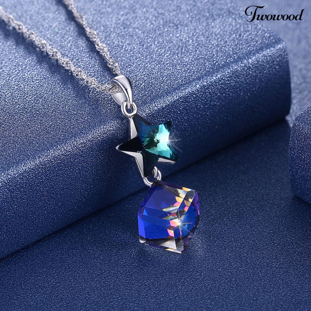 Kalung Choker Silverhoo Liontin Bintang Kristal Tiruan Biru Persegi Tahan Lama Untuk Wanita