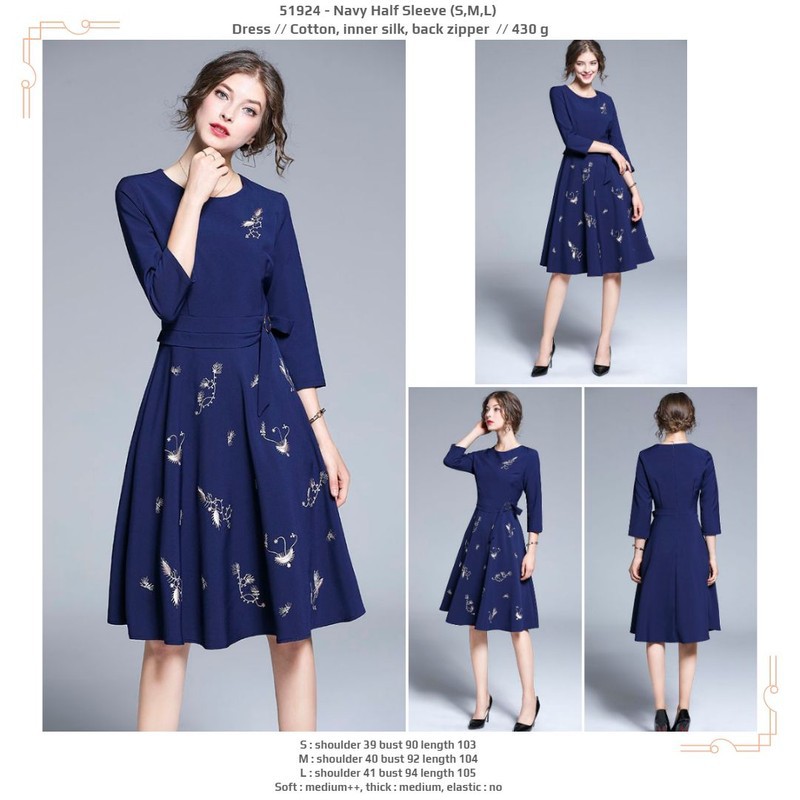 51924 Navy Half Sleeve Dress / Dress Pesta Midi Biru