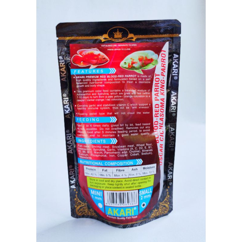 READY STOK !! AKARI PREMIUM RED- BLOOD-RED PARROT 100gr butiran 2mm Apung