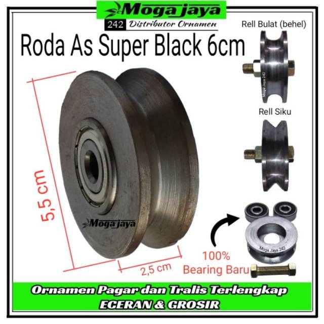 Roda bubut roda pagar SUPER BLACK 6cm roda only tanpa casing