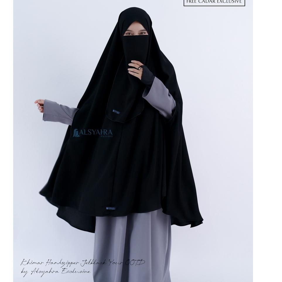 Sudah READY.. Set Khimar Syari Handzipper XXL Jetblack Alsyahra Exclusive