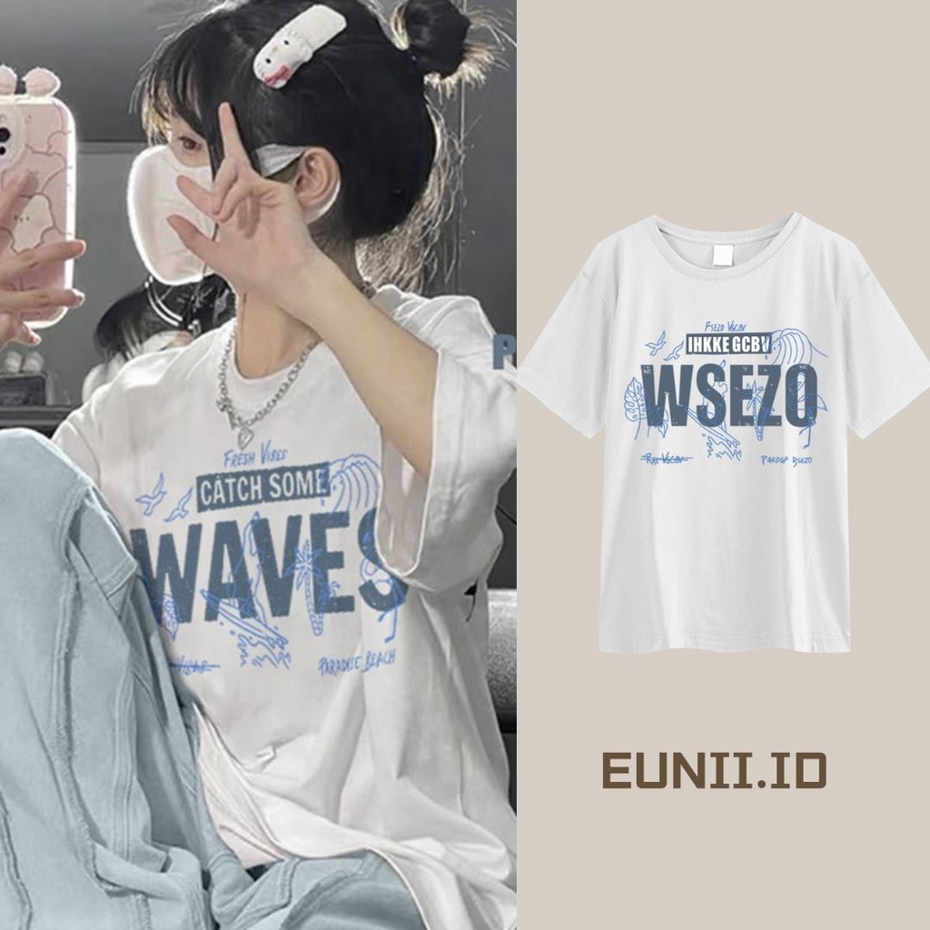 EUNII T-shirt Lengan Pendek Imut Modis Bahasa Inggris Pencetakan Longgar Korean Style/Kaos Atasan Wanita/Baju Kaus Oversize Wanita