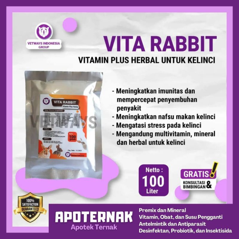 VITAMIN KELINCI VITA RABBIT 100 gr | Multivitamin Penambah Nafsu Makan dan Mempercepat Penyembuhan Penyakit Pada Kelinci | Apoternak