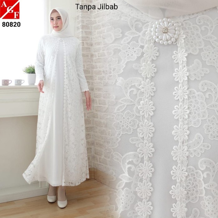 PREMIUM SALE BAJU GAMIS WANITA BROKAT PUTIH LEBARAN HAJI UMROH PROMO #80820 - PUTIH, M