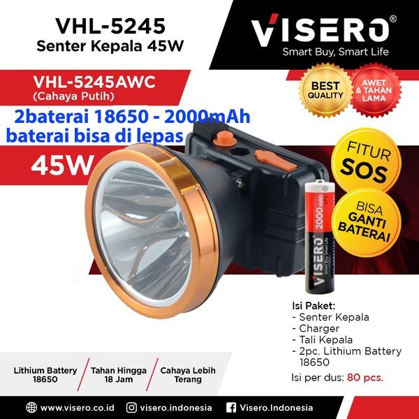 Senter Kepala LED VISERO 45w VHL-5245 Head Lamp Dobel Baterai Lepas Charger Baterai Lithium 18650 Bisa Dilepas 2x 2000Mah Outdor Super Terang Headlight 45 Watt  Sinar Putih &amp; Kuning Original Termurah Belor Batre