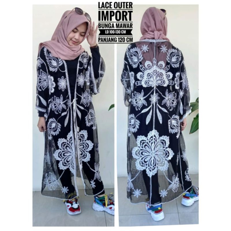 LACE OUTER CARDIGAN BLOOMY// LONG  OUTER MATAHARI // ORIGINAL IMPORT BANGKOK-Bunga mawar