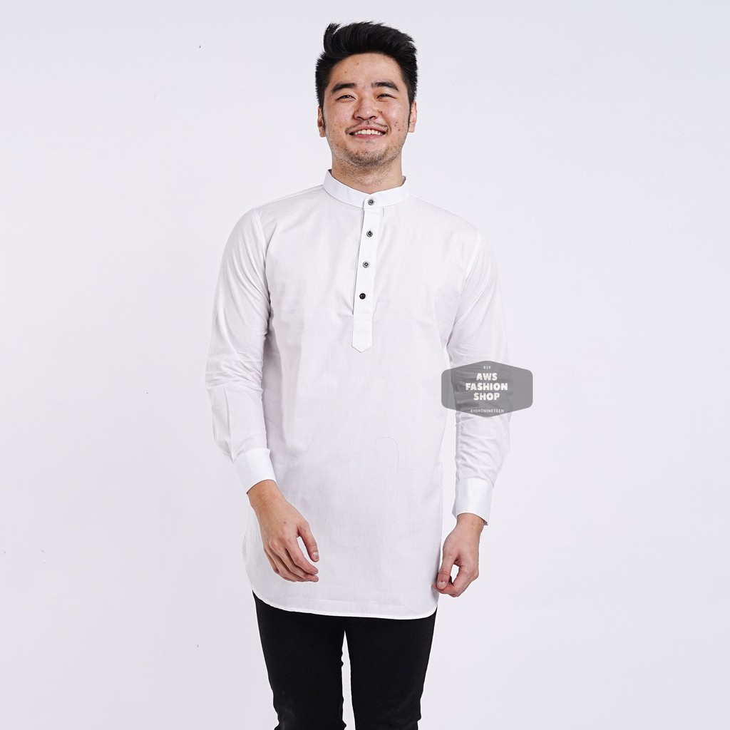 Jual Kemeja Kurta Lengan Panjang Pria Cowok Putih White Polos Kerah