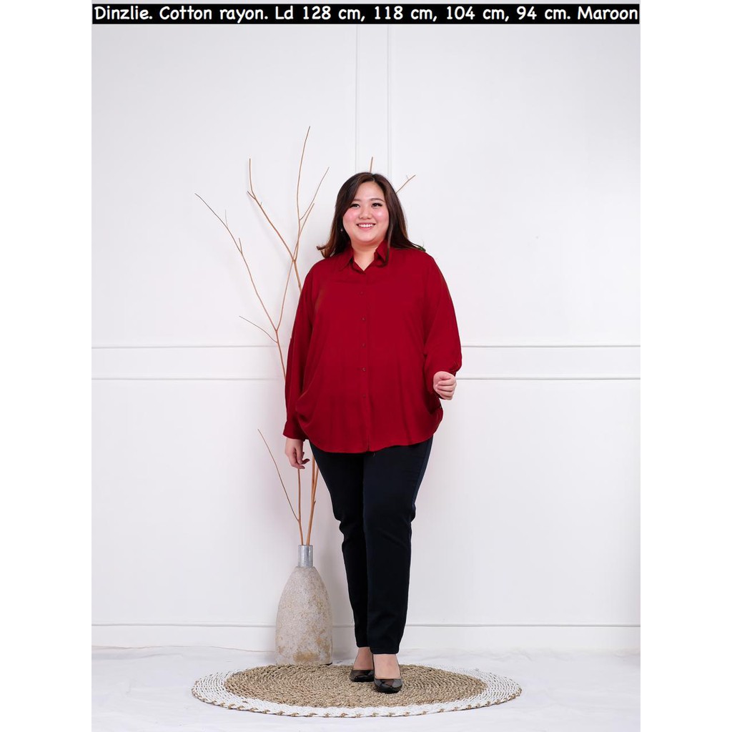 Dinzlie Kemeja Polos Katun Rayon Wanita Warna Maroon Ukuran L XL XXL XXXL Hijab Busui Friendly