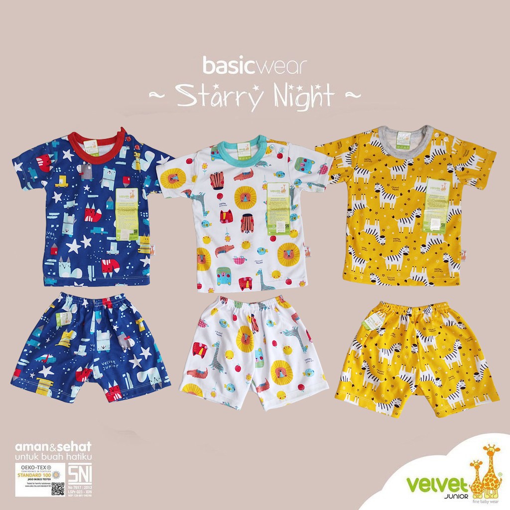 Velvet Junior Setelan Pendek Starry Night Kancing Pundak Celana Pendek Size S M L - Baju Tidur Bayi