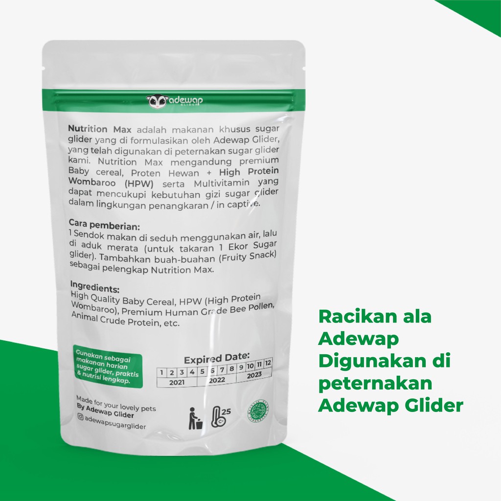 ADEWAP GLIDER Nutrition Max Makanan Bubur Sugar Glider Premix Protein Kalsium HPW Daily Meal Harian