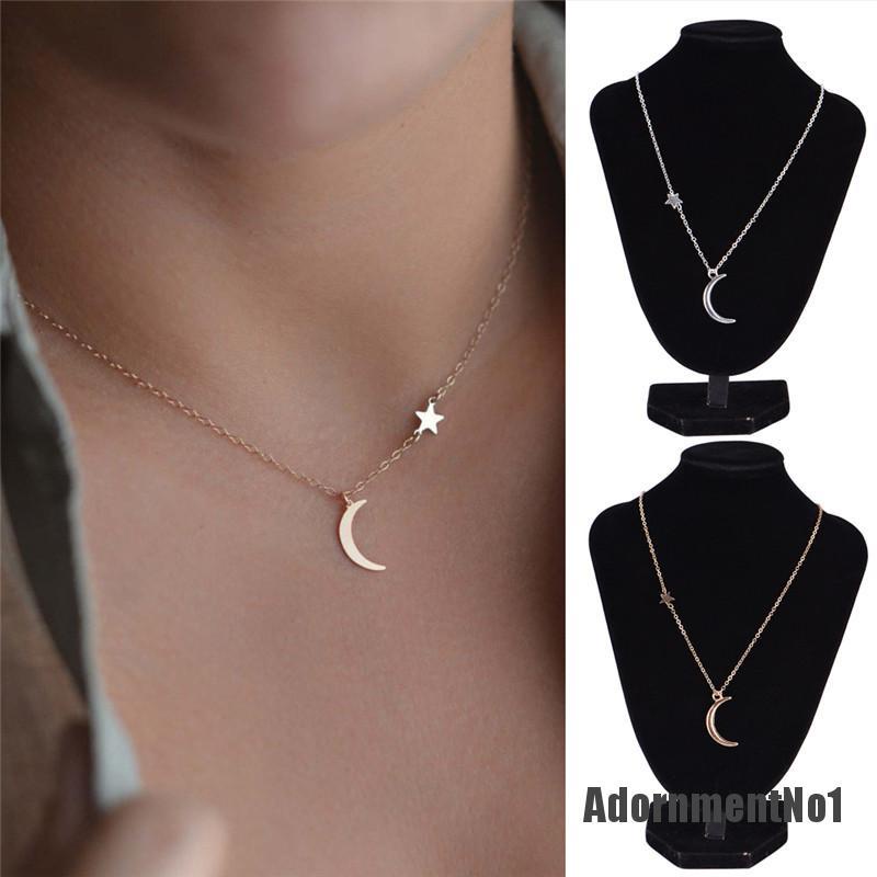 (Adornmentno1) Kalung Rantai Dengan Liontin Bulan + Bintang Warna Emas / silver Untuk Wanita