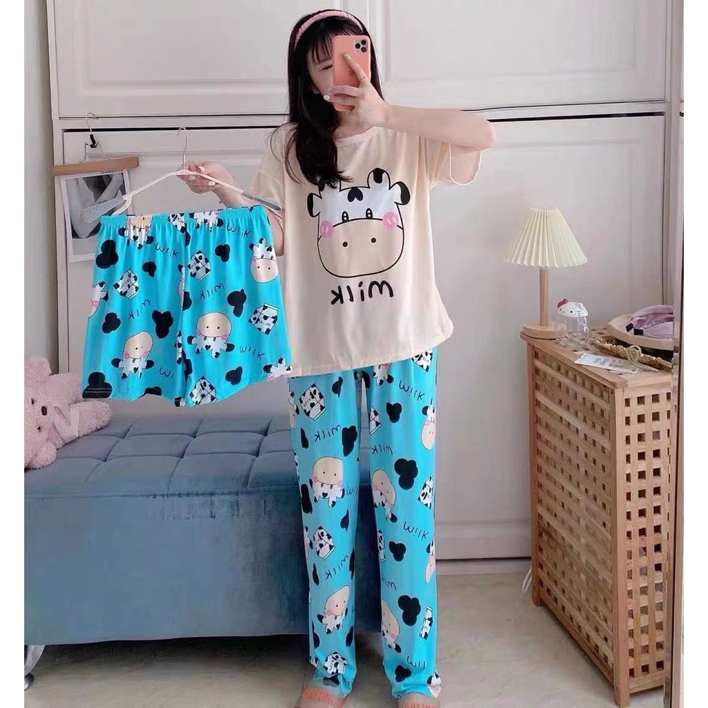 Setelan Piyama Import 3in1 VIRAL | Set Pajamas Baju tidur 3 in 1 Impor Lengan Pendek Celana Panjang dan Pendek