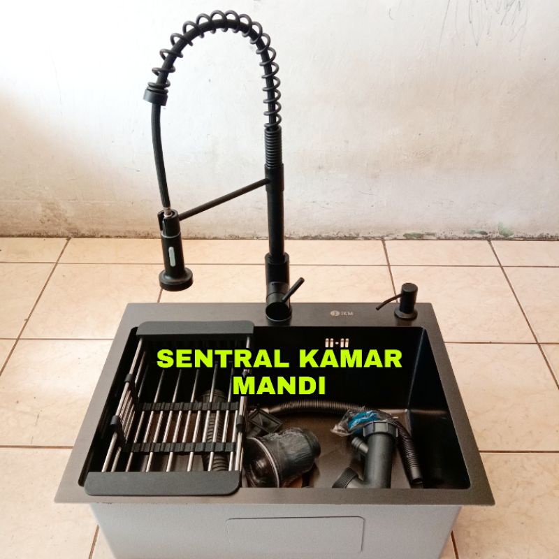 Kitchen Sink Black 5040 dan 5243 Kran tarik Panas Dingin Stainless 304 Bak Cuci Piring Hitam Wastafel 1 Lubang Model Bolzano Onan Isan Jkm