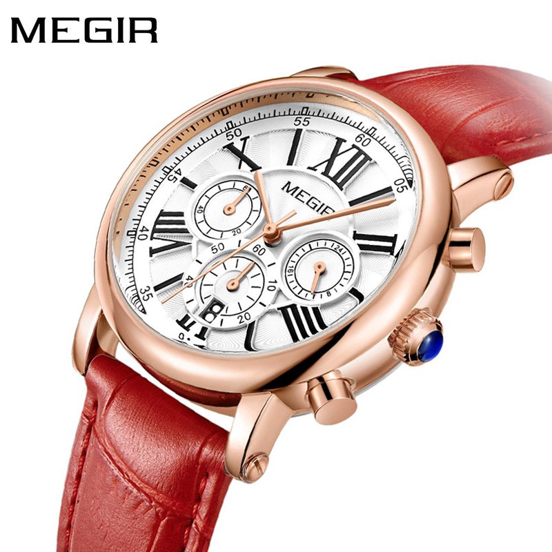 MEGIR 2058 Jam Tangan Wanita Analog Chronograph Tanggal Aktif Tali Kulit WATCHKITE WKOS