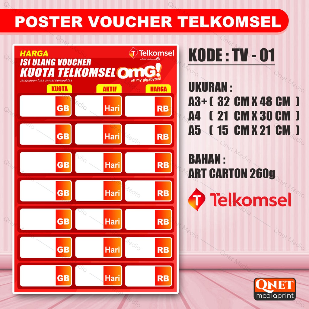 Jual POSTER KONTER DAFTAR HARGA ISI ULANG VOUCHER SIMPATI ( CUSTOM