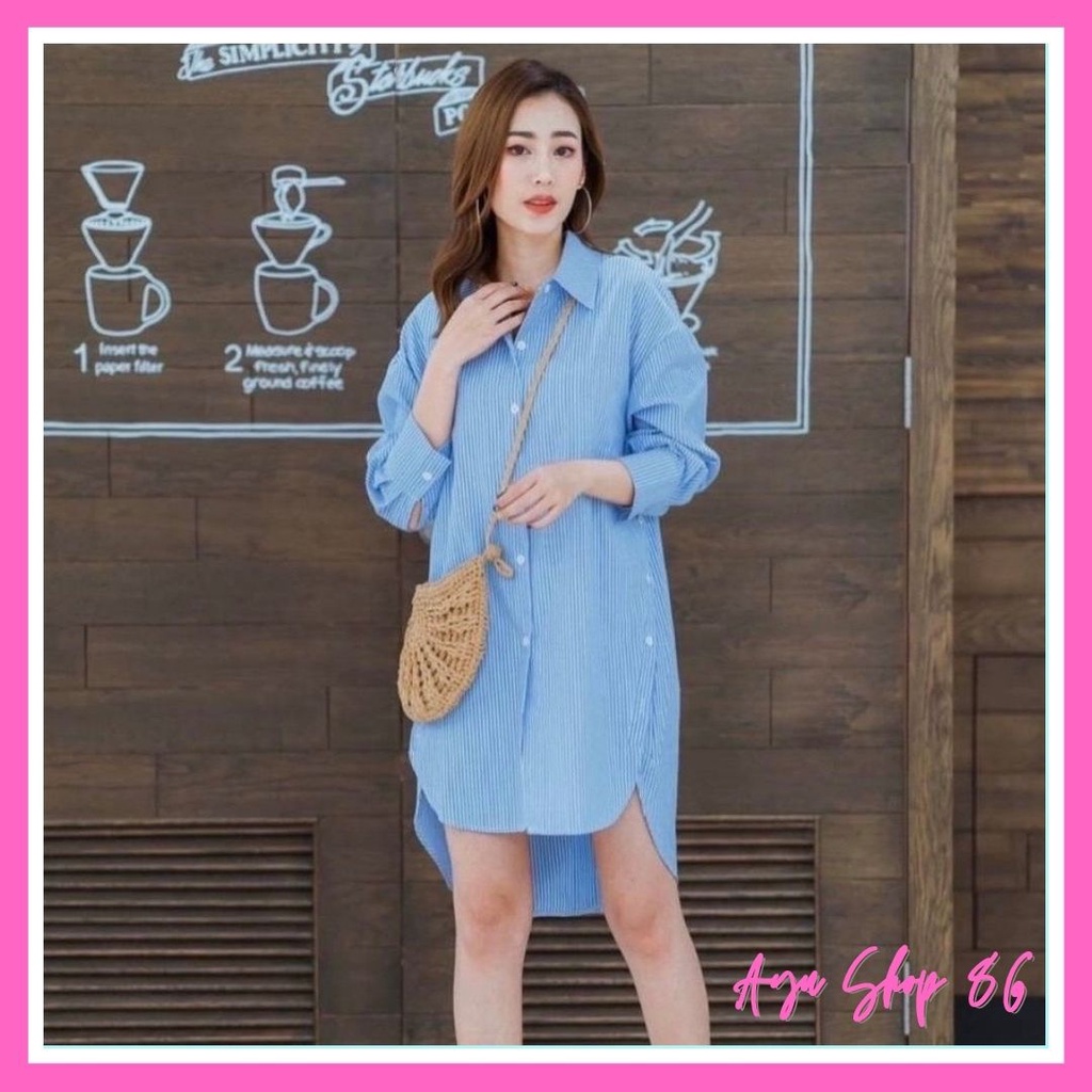 Baju Atasan Kem Tunik Salur Button Sidney Wanita Dewasa Remaja Modern Motif Trend Kekinian Murah Mod