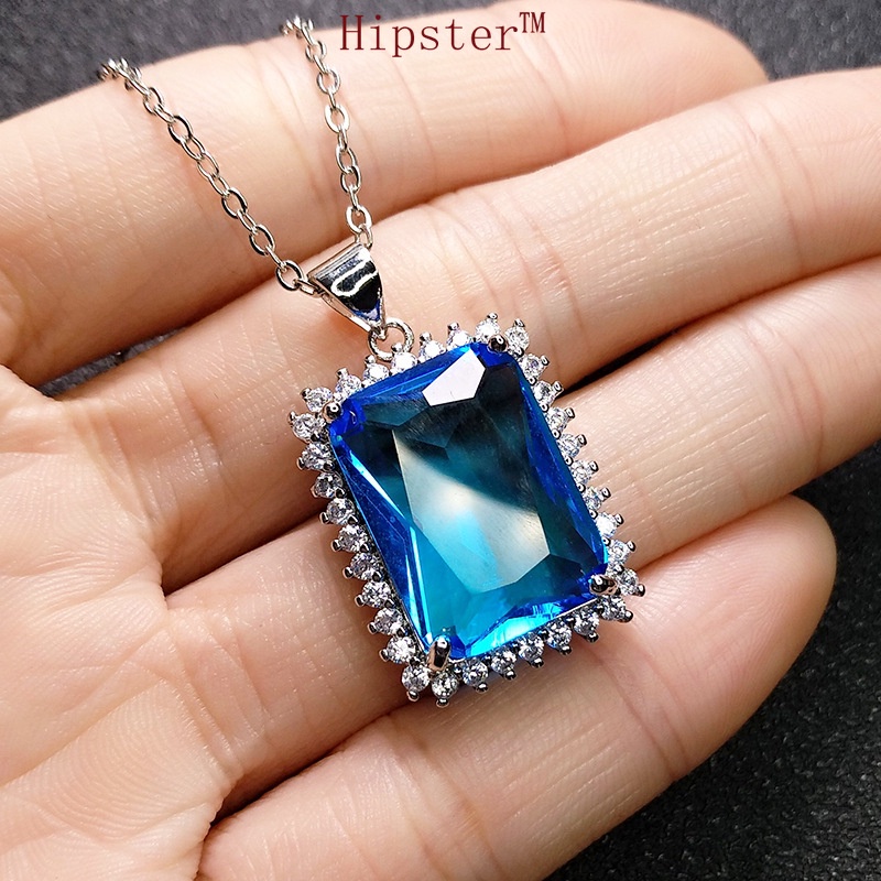 Best-Selling Light Luxury Square Large Natural Sea Blue Crystal Pendant Necklace