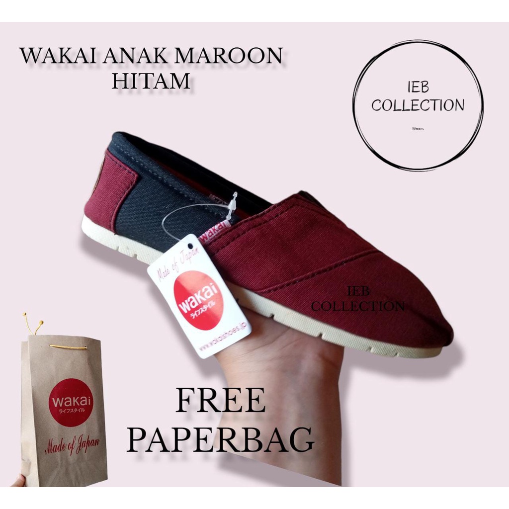 sepatu wakai slip on anak maroon hitam unisex size 25-35