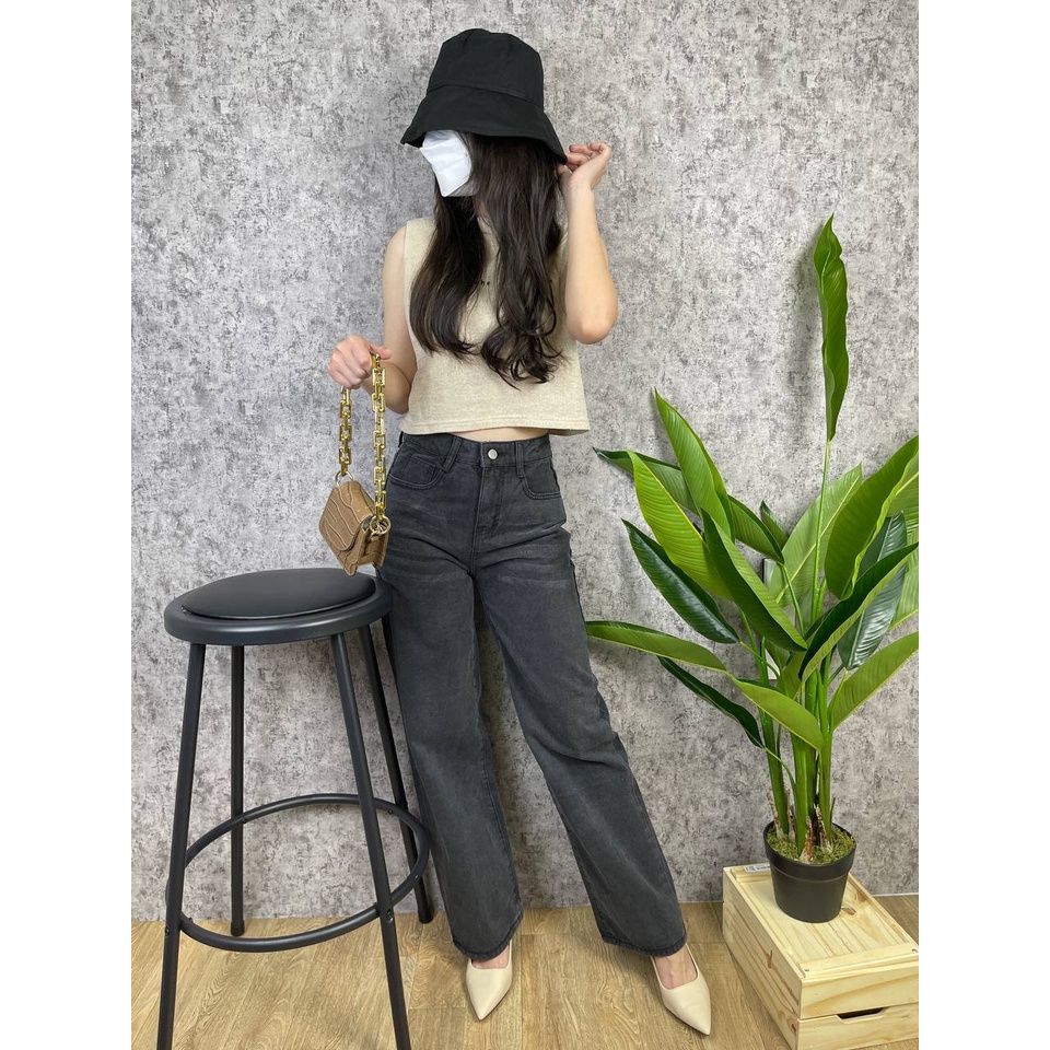 DEMORIN - Celana Panjang Straight Highwaist Snow Black Jeans kekinian - X5010
