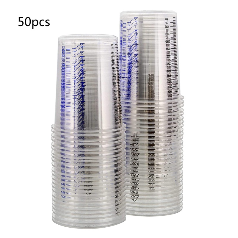 SIY  50Pcs Disposable Clear Graduated Plastic Mixing Cups for Paint UV Resin Epoxy 20 Oz 600ml Measuring Ratios 2-1 3-1 4-1