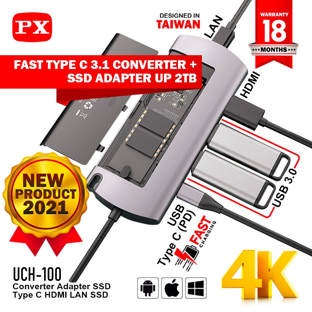 PX UCH-100 Converter Adapter SSD 2TB Type C to USB HDMI LAN 6 In 1