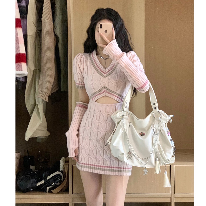 Nico##dress muslim korea/Gadis Gaun Merah Muda Sweater Wanita Musim Semi BaruVWanita Kerah Berongga Tipis Sehelai Kain