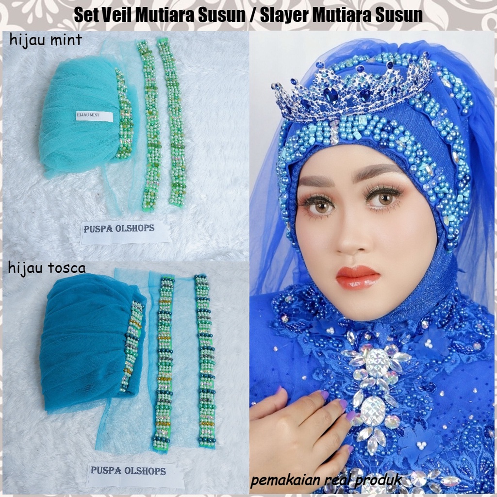 Set Veil Mutiara Susun/Slayer Mutiara Susun hijau tosca-hijau mint