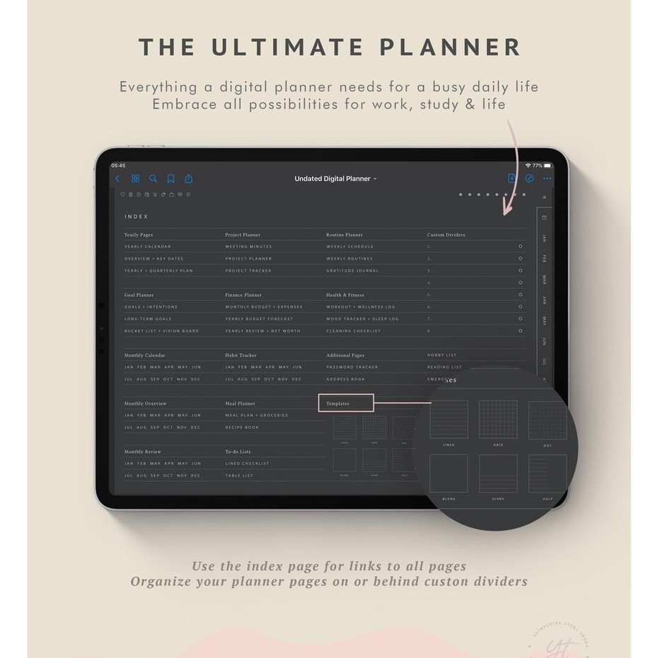 Digital Journal &amp; Planner - Undated Blackout Daily Planner for Goodnotes, Notability, Xodo, (Full Page Hyperlinked)