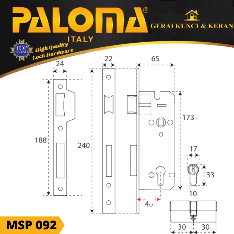 BODY KUNCI PALOMA MSP 092 PINTU SWING LOCKCASE MORTISE Stainless Steel 40MM + CYLINDER KUNCI