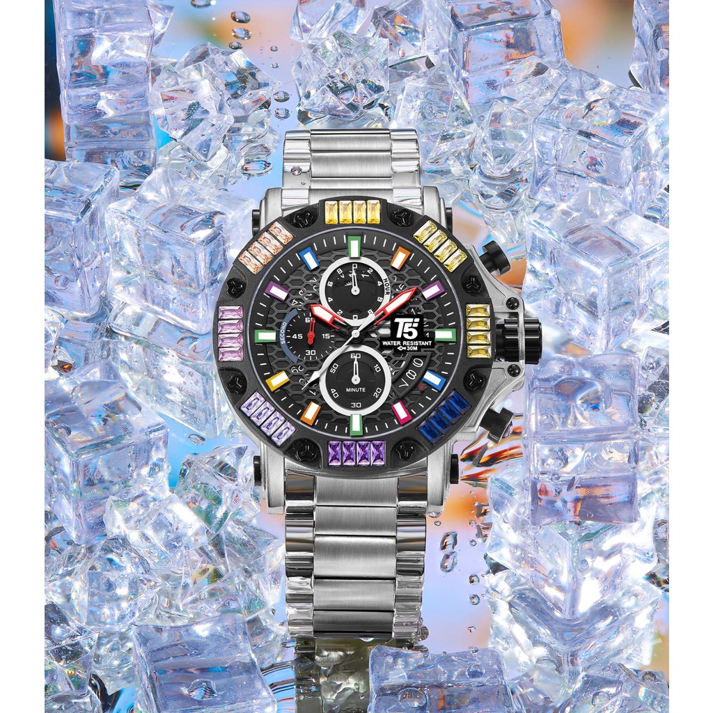 T5 H3884 Jam tangan pria T5 H 3884 Original witch colorfull gemstone cronograph tahan air