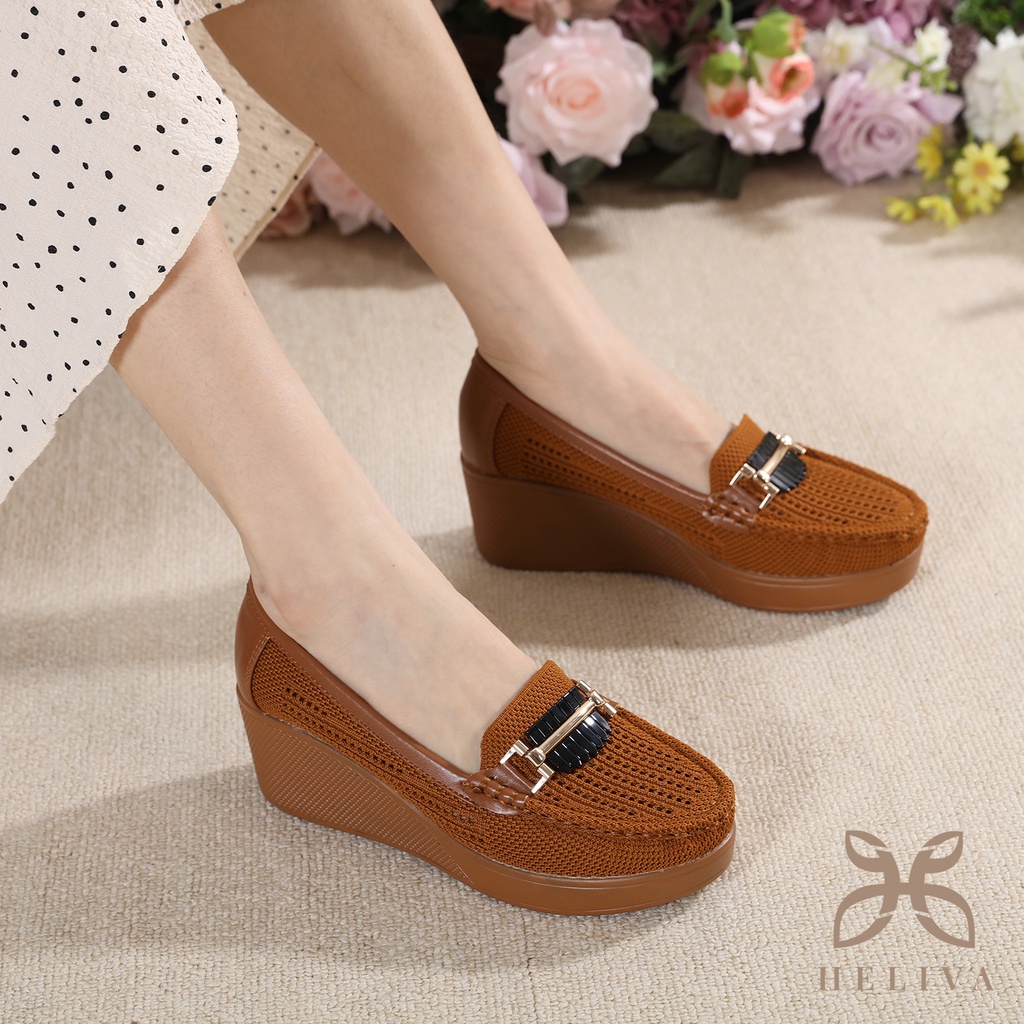 HELIVA DOVER Sepatu Wedges Sol 6cm Gold Chain Shoes Bahan Rajut Knitted H588 Original Brand