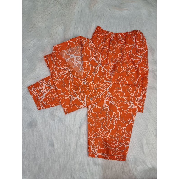 Baju Tidur Wanita/Piyama Wanita Dewasa Katun Motif Daun Part 3-PP THUNDER ORANGE