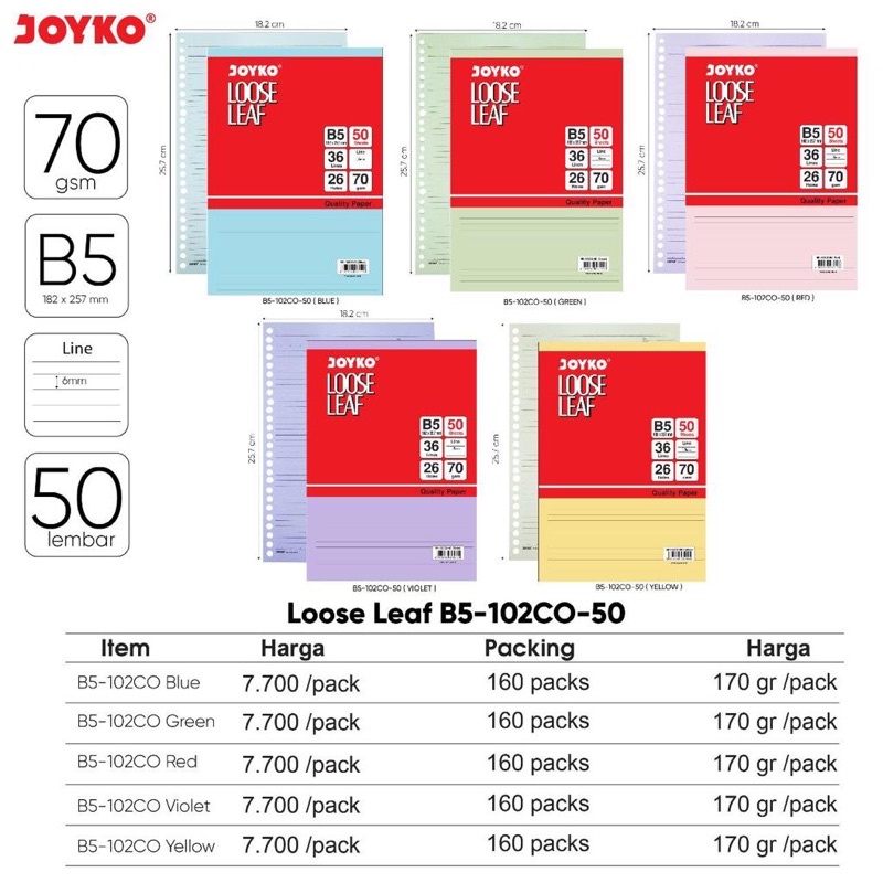 

BARU!!! Loose Leaf B5-102CO-50 Joyko Isi Binder Warna Warni Pastel