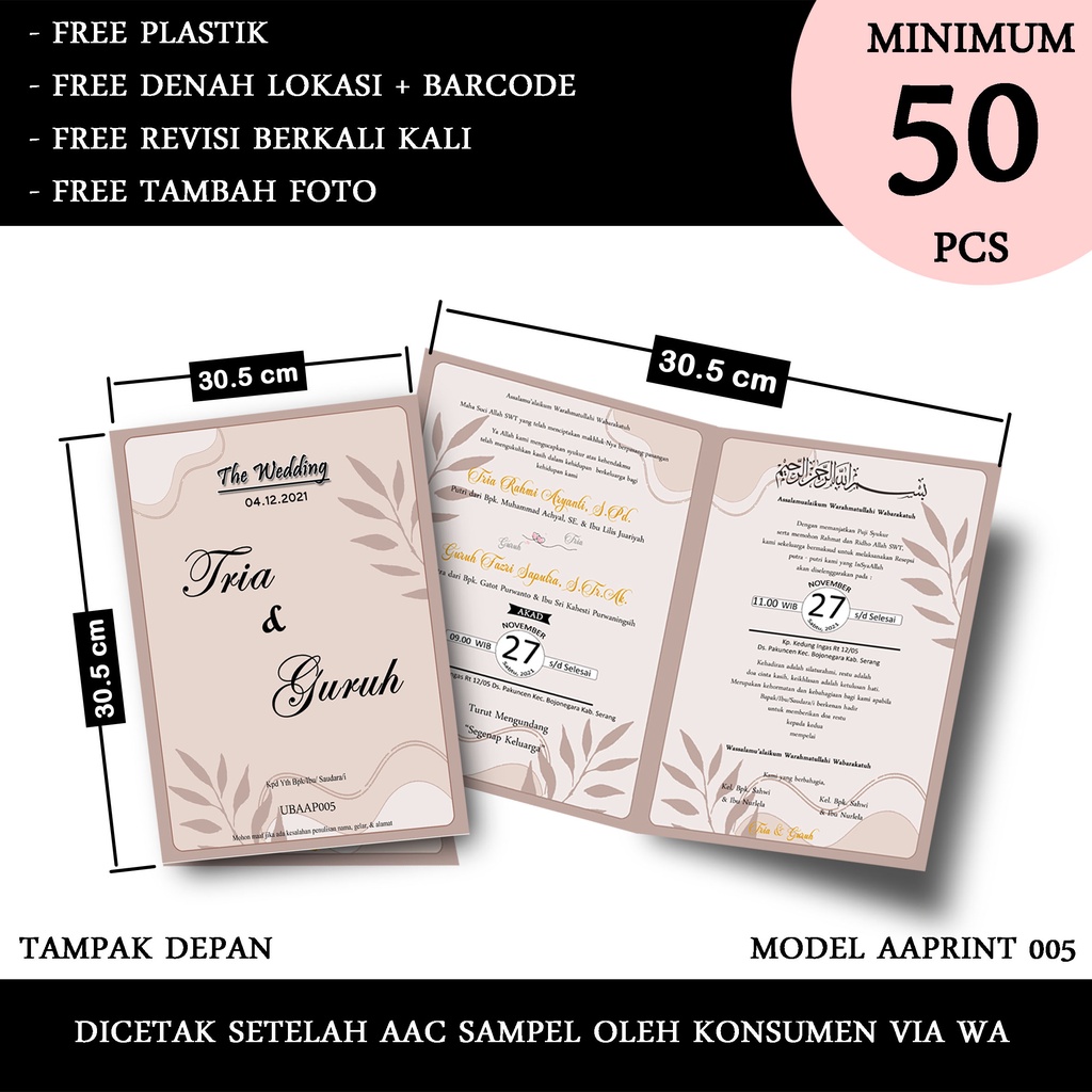 CETAK UNDANGAN  PERNIKAHAN UBAAP005 GLOSSY free plstk+label107+denah lokasi nikah pernikahan wedding