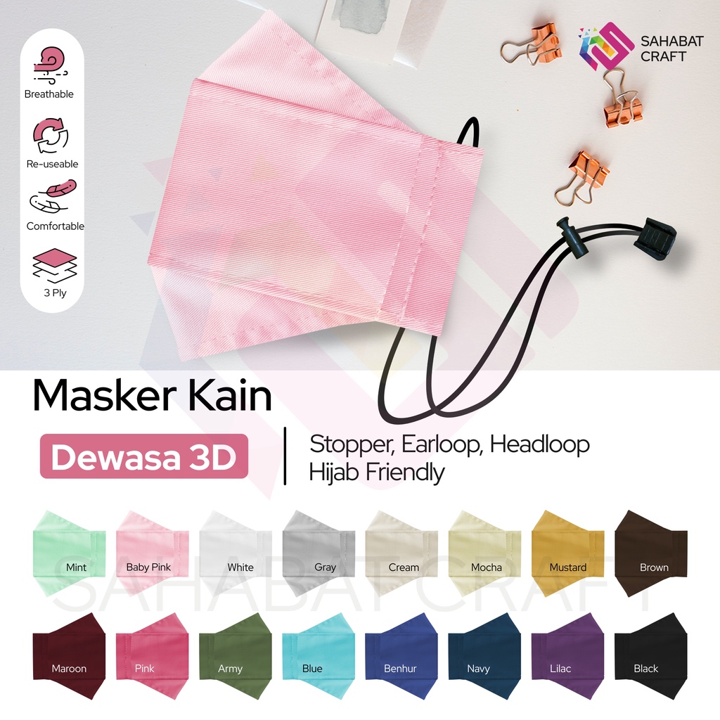 PAKET BUNDLING MASKER KAIN 3D DAN MASKER KAIN MOTIF 3PLY 2In1 (SISI MOTIF & POLOS) | STOPPER KALUNG 