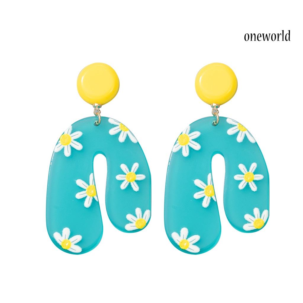 OW# Childlike Printed Flower Bird Pattern Resin Dangle Acrylic Ear Stud Earrings