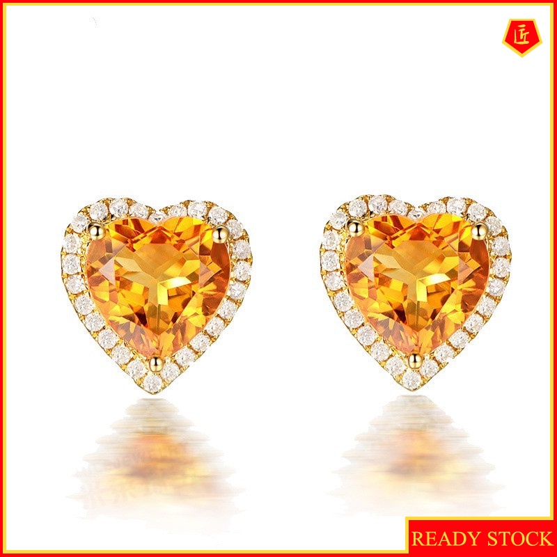 [Ready Stock]New Heart-Shaped Citrine Stud Earrings 18K Gold