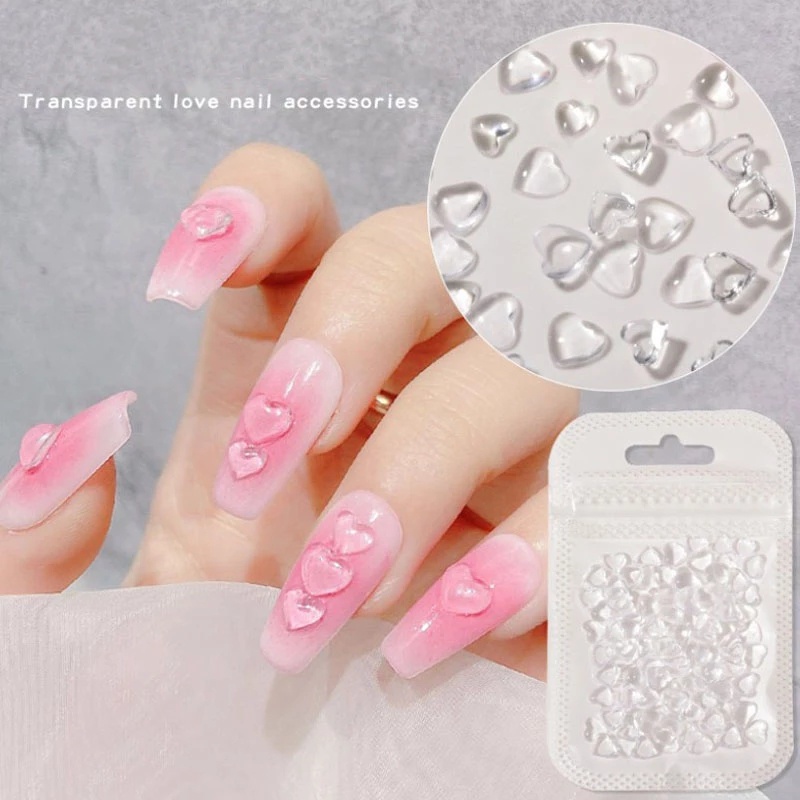 100pcs / Kantong Ornamen Bentuk Hati 3D Transparan Untuk Dekorasi Nail Art