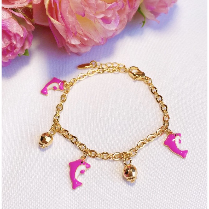 Gelang Anak Pink Dolphin Bola Kerawang Lapis Emas 18k