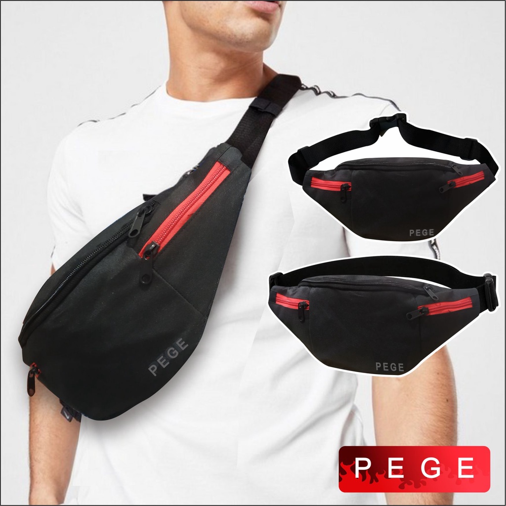 Tas Pinggang Selempang Waistbag Pria Polos HItam Slempang Bahu Cowok Kasual - PG 8891